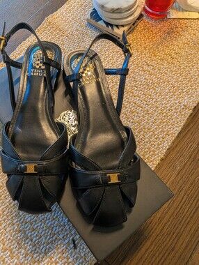 Vince Camuto Black Leather Bow Slingback Sandals